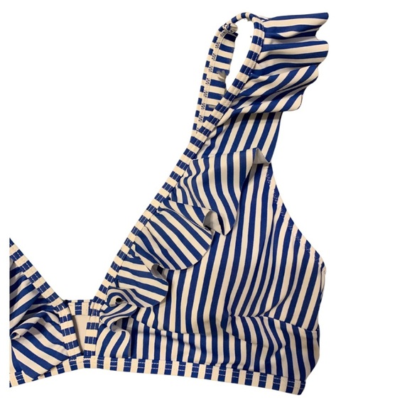 Women’s Navy Blue & White Striped sz L ruffled bikini top w/adjustable straps - Picture 5 of 7